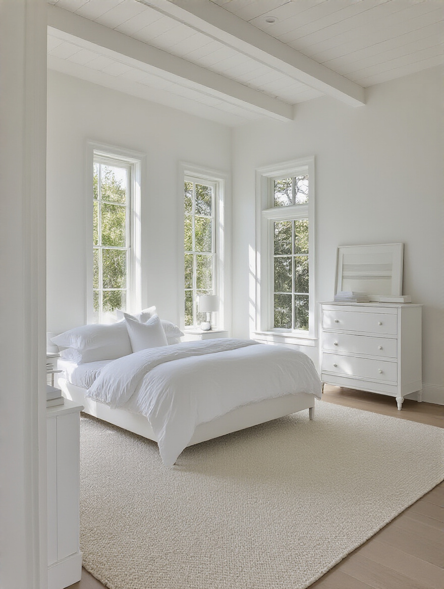 A modern white bedroom interior designed with a strategic furniture layout for optimal flow, featuring a white bed, nightstands, and dresser, bathed in natural light.