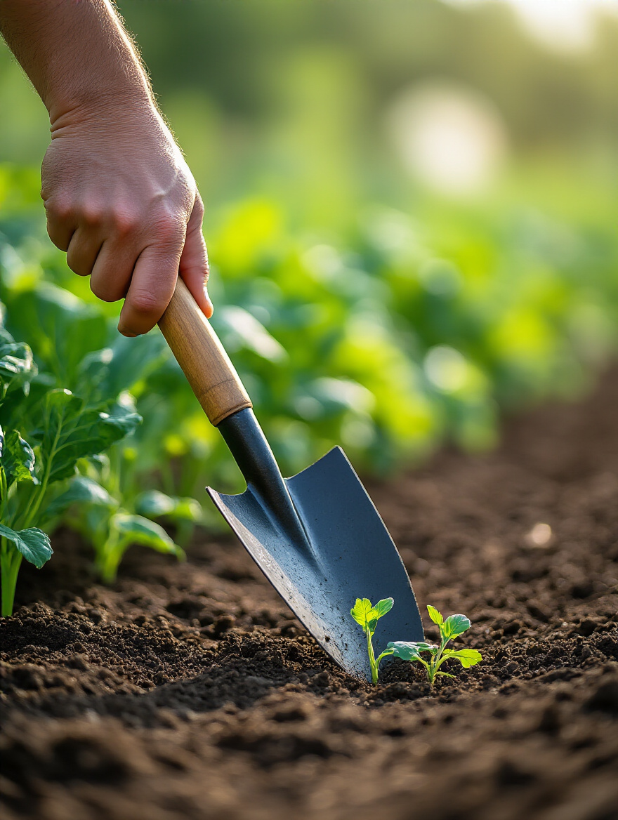 Close-up of a gardener's hand hoe expertly removing a young weed from healthy, dark soil in a vegetable garden, showcasing chemical-free weed management techniques.
