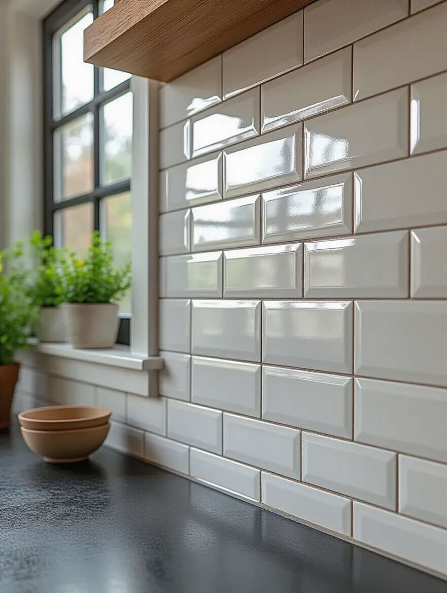 Contemporary kitchen backsplash with contrasting dark grout between white subway tiles, showcasing expert grout selection for enhanced aesthetics and modern kitchen design.