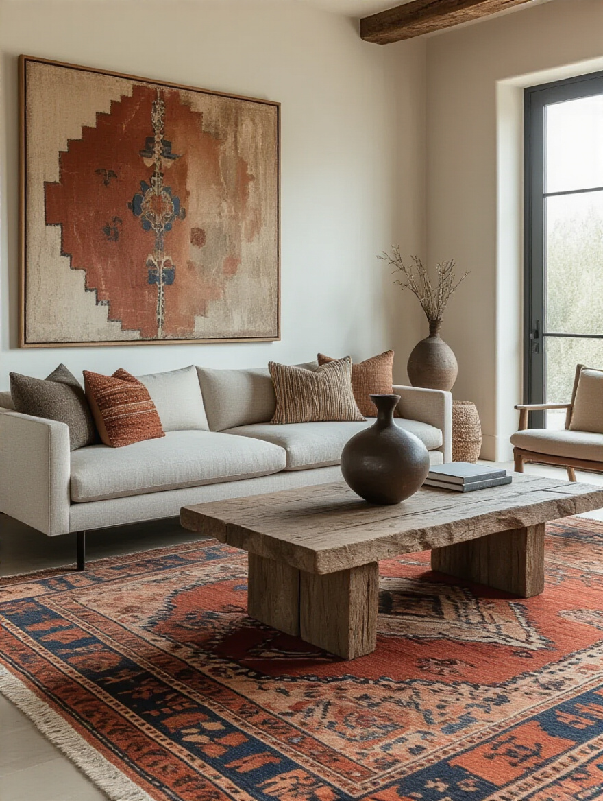 Living room with a mix of modern, rustic, and bohemian decor, featuring a neutral sofa, wood coffee table, Moroccan rug, and abstract art, lit by natural light.