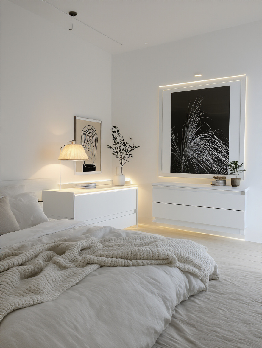 A tranquil white bedroom showcasing strategic warm lighting. A floor lamp casts a soft glow, while LED strips highlight a floating bedside table and headboard, and wall lights accentuate art above a white dresser, emphasizing a serene atmosphere.