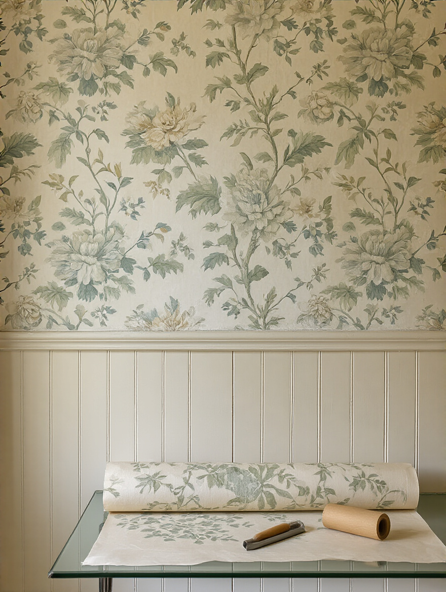 Portrait view of a bathroom wall prepped for vintage wallpaper adhesion in a humid environment