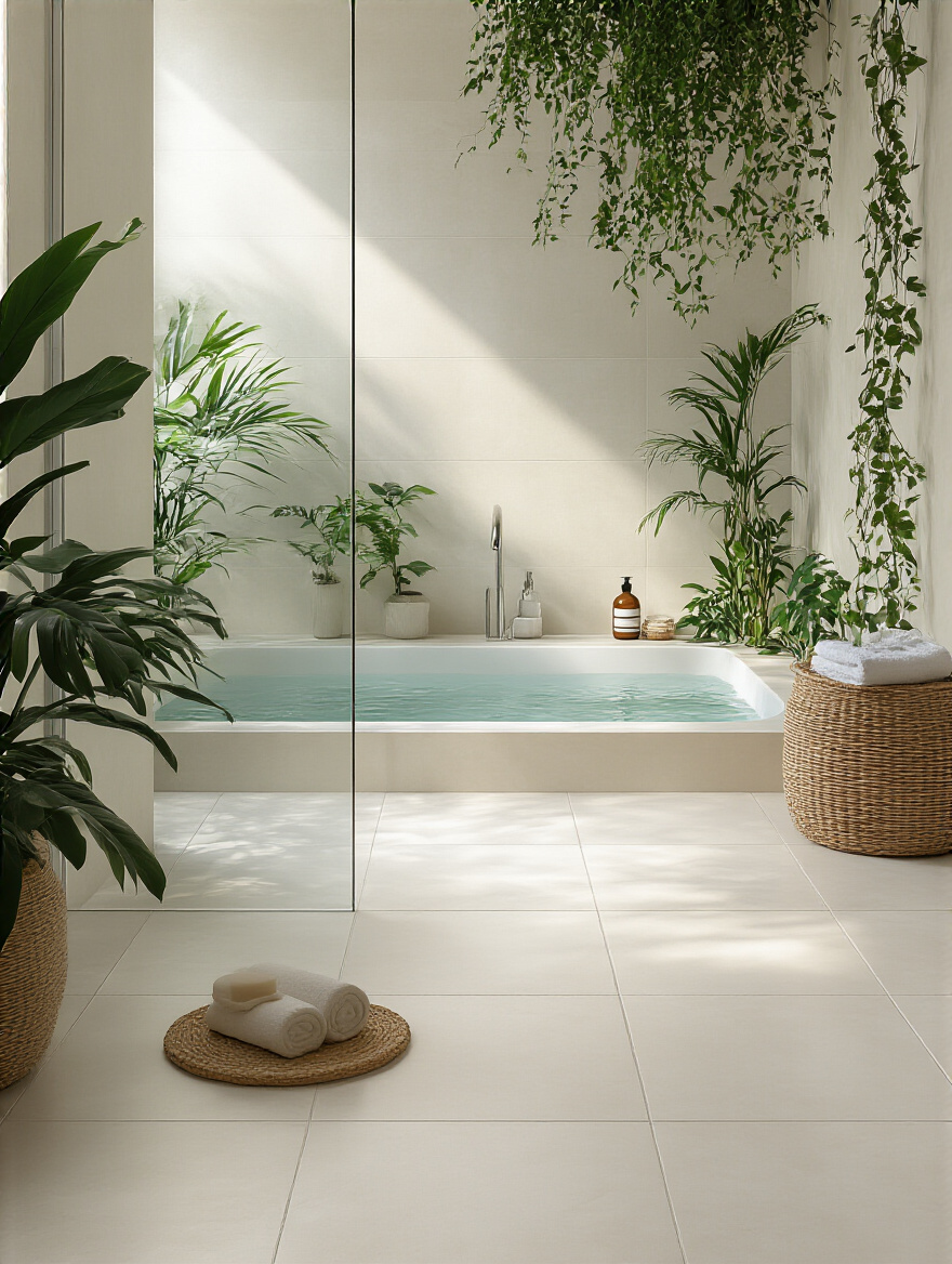 Modern minimalist bathroom with matte white large format porcelain tiles extending from floor to shower, showcasing a cohesive bathroom flooring style and serene spa aesthetic.