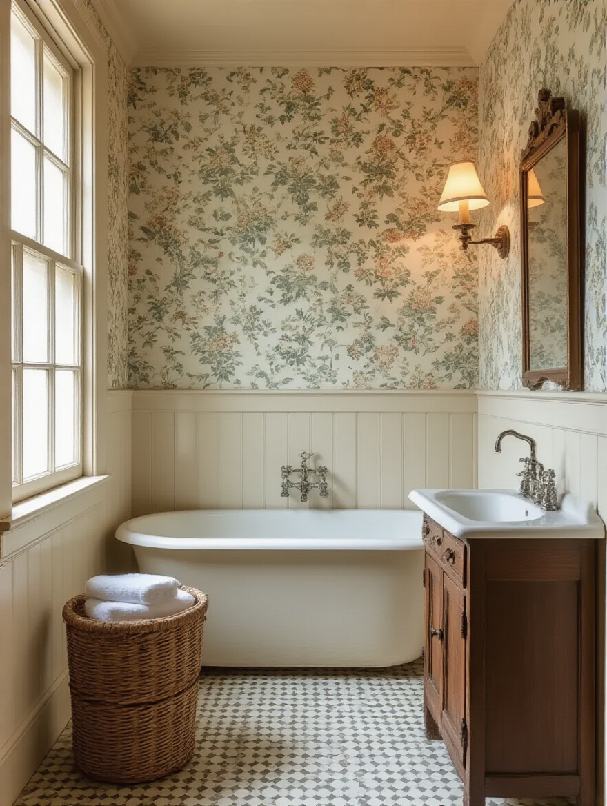 Portrait view of a vintage bathroom with seamless wallpaper patterns and warm lighting