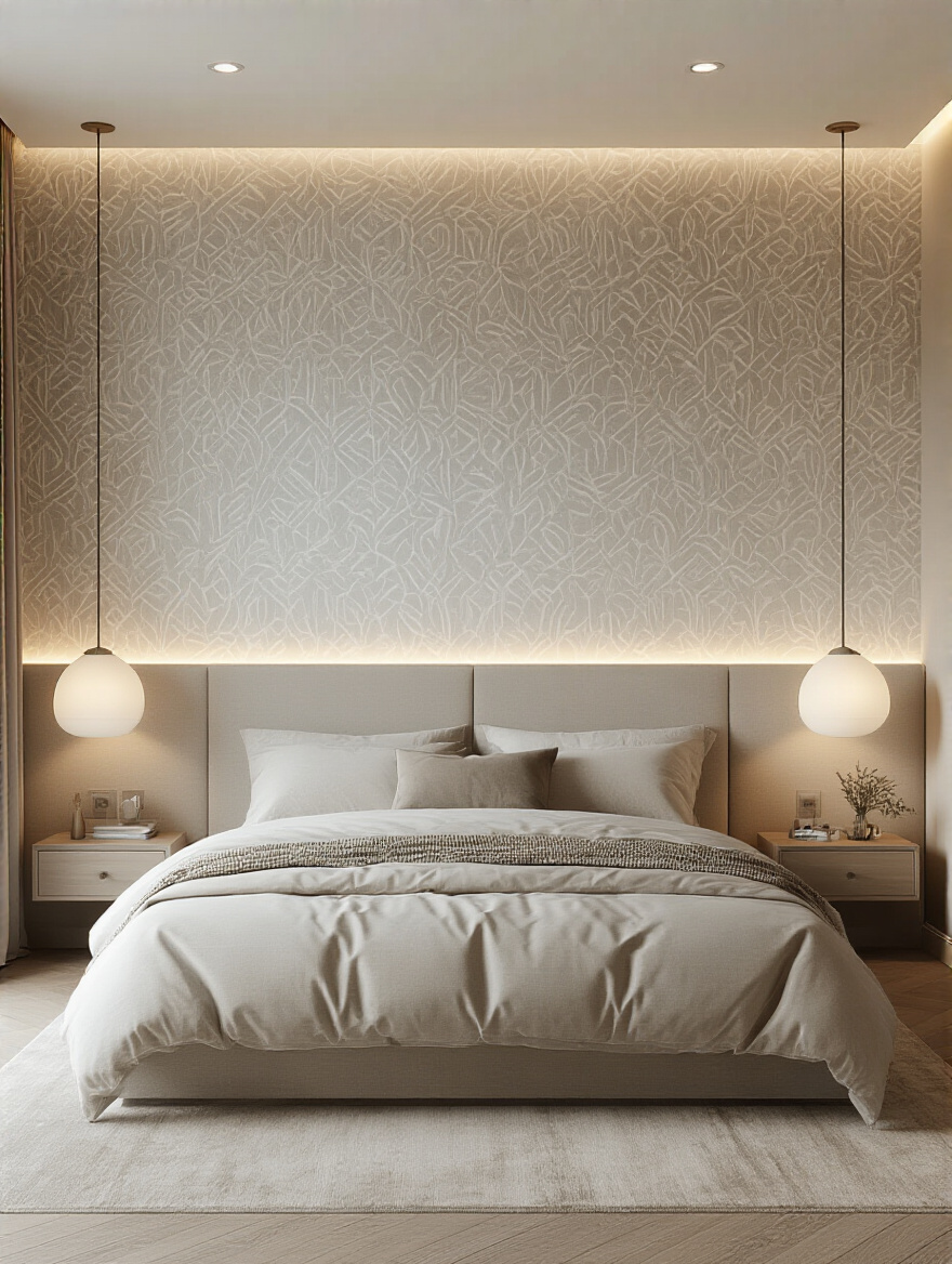 Portrait shot of a bedroom with wallpaper accent wall and layered lighting highlighting texture