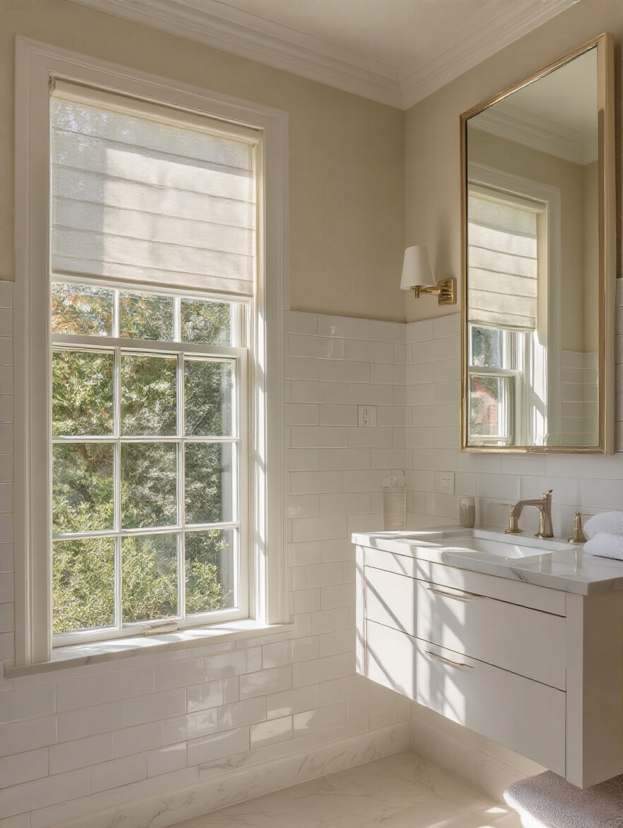 Bright bathroom maximizing natural light with window treatments and mirrors
