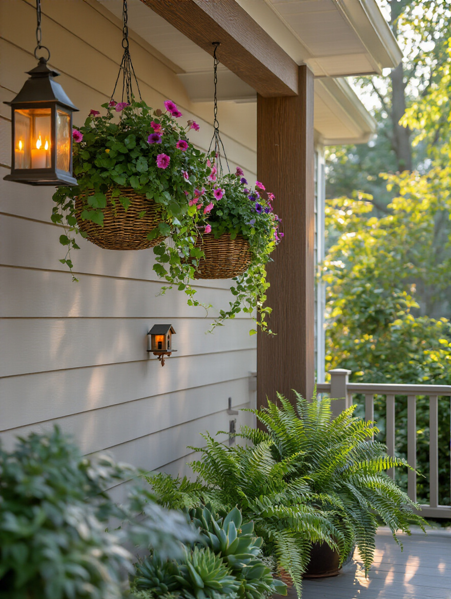 Portrait view of a front porch with vertical hanging elements to maximize space