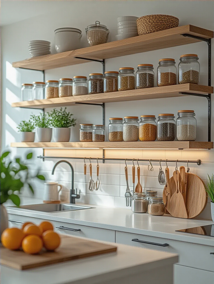 Modern kitchen with vertical wall-mounted shelving and pegboard for organized storage, keeping countertops clear and decluttered.