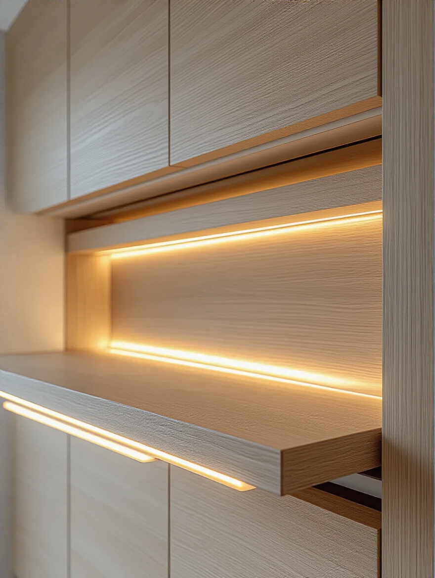 Clean, empty kitchen cabinet interior with perfect lines, representing precision measurement for fitting organizers.