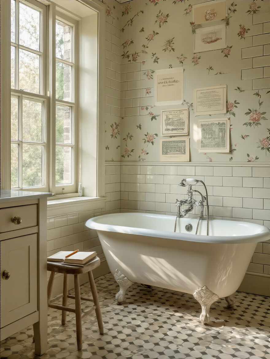 Portrait of a vintage bathroom planning scene with wallpaper planning notes