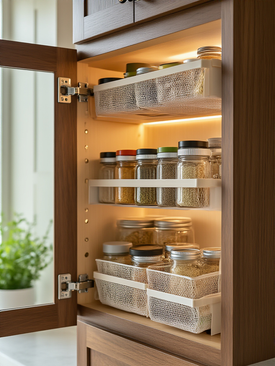 Open kitchen cabinet with door organizers storing spices and small essentials.