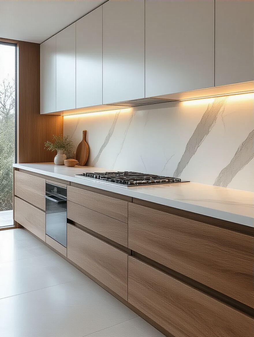 Contemporary kitchen with large-format white Statuario marble-look porcelain slab backsplash, seamless integration, modern design, professional photo