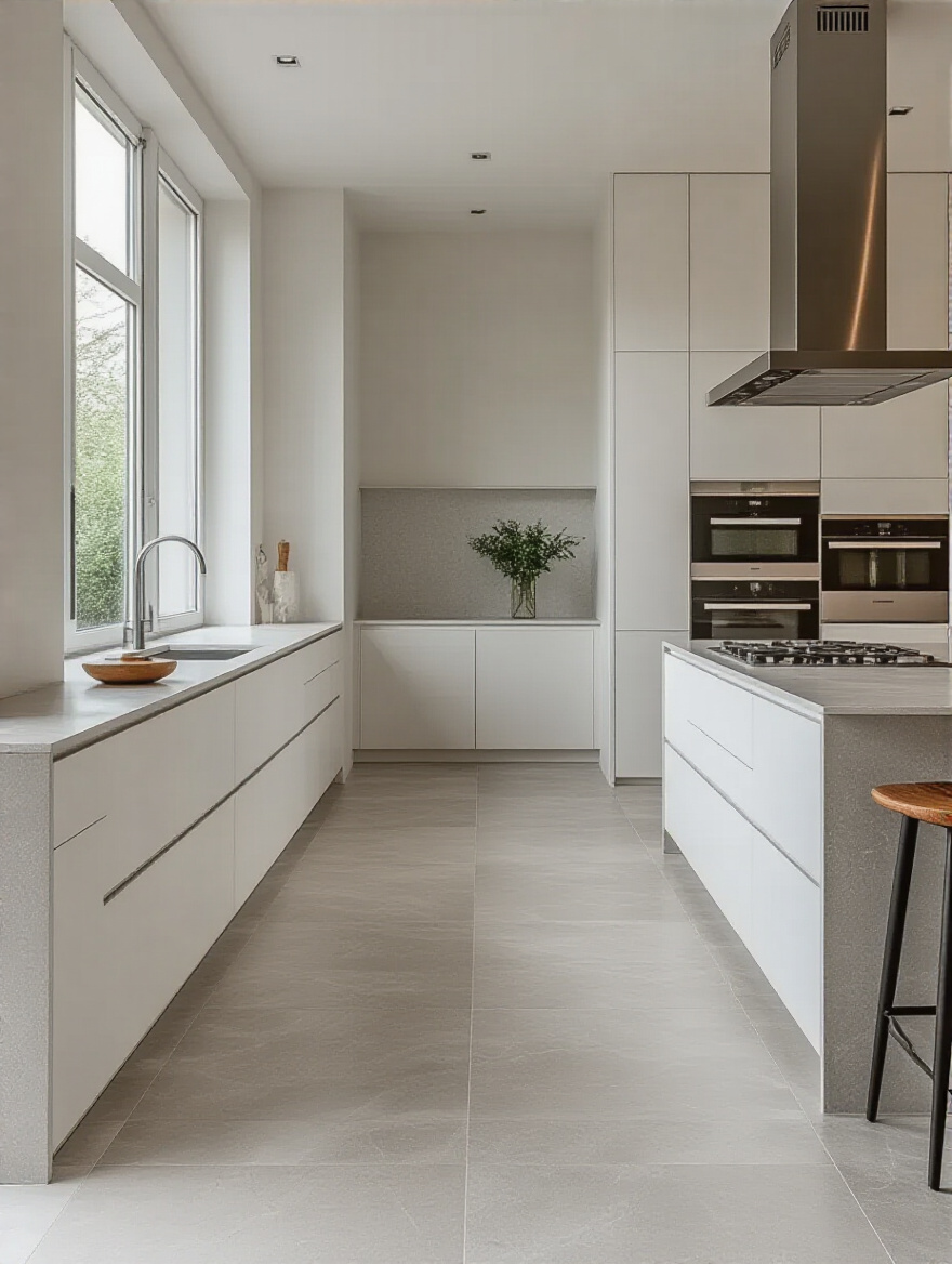 Portrait view of a contemporary kitchen with large-format flooring