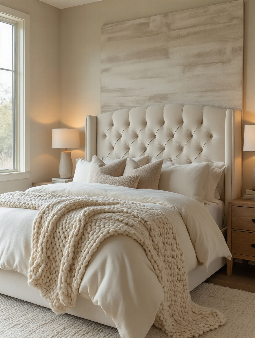 Cozy bedroom with plush upholstered headboard and warm lighting