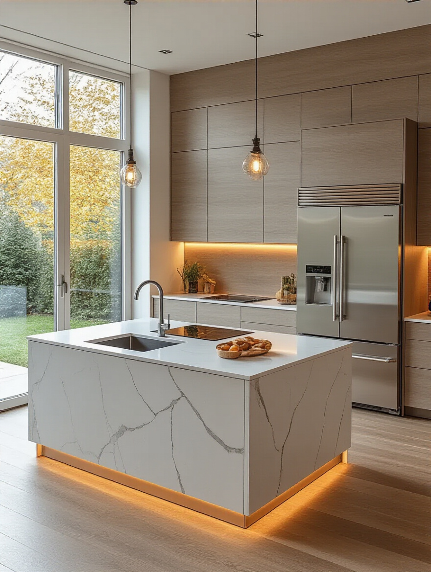 Modern kitchen interior featuring optimized appliance placement, showcasing a well-designed work triangle with a refrigerator, sink, and cooktop, highlighting seamless integration and aesthetic functionality.