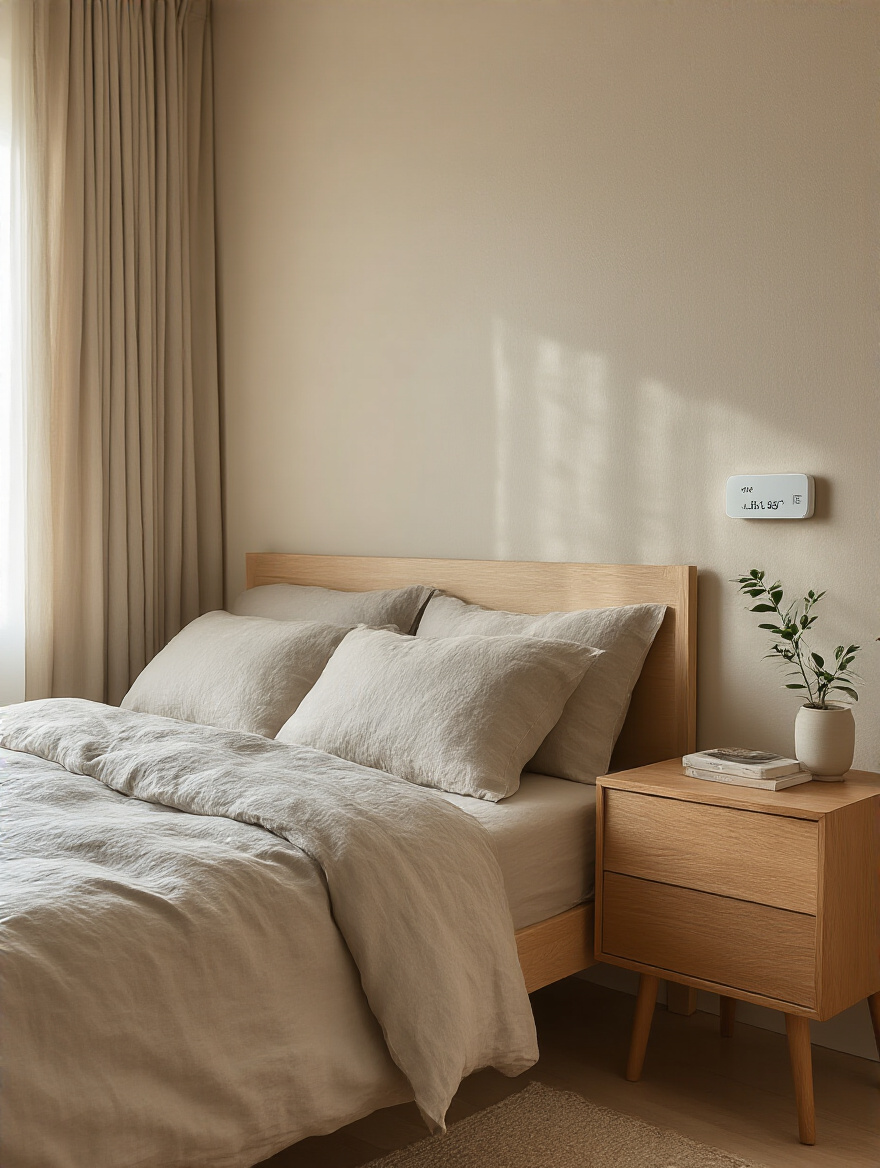 Portrait view of a cozy bedroom with a smart thermostat set for optimal sleep temperature.