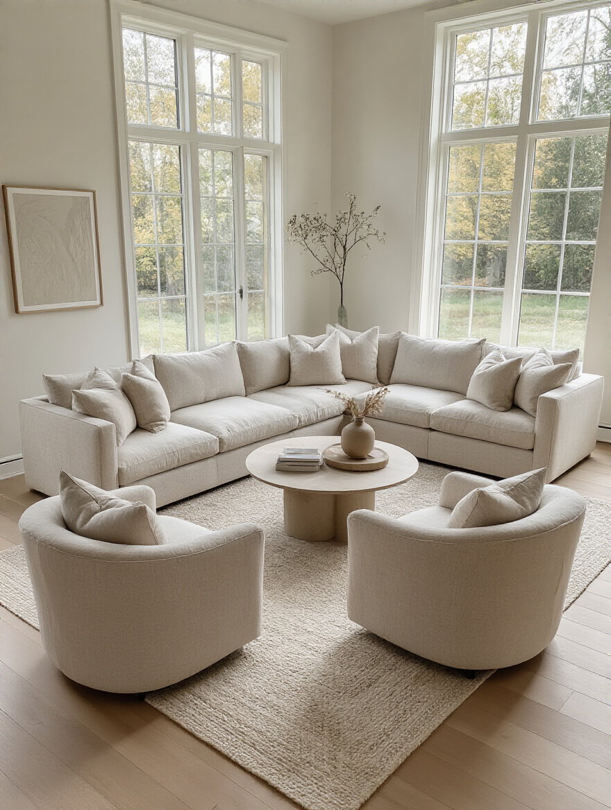 Professionally arranged living room with a comfortable sectional sofa and two armchairs configured for easy conversation, soft natural lighting, and a defined rug area.