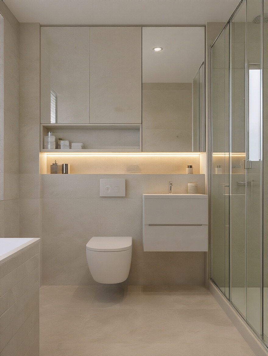 Portrait view of a small bathroom showing space-saving layout with floating vanity and glass shower