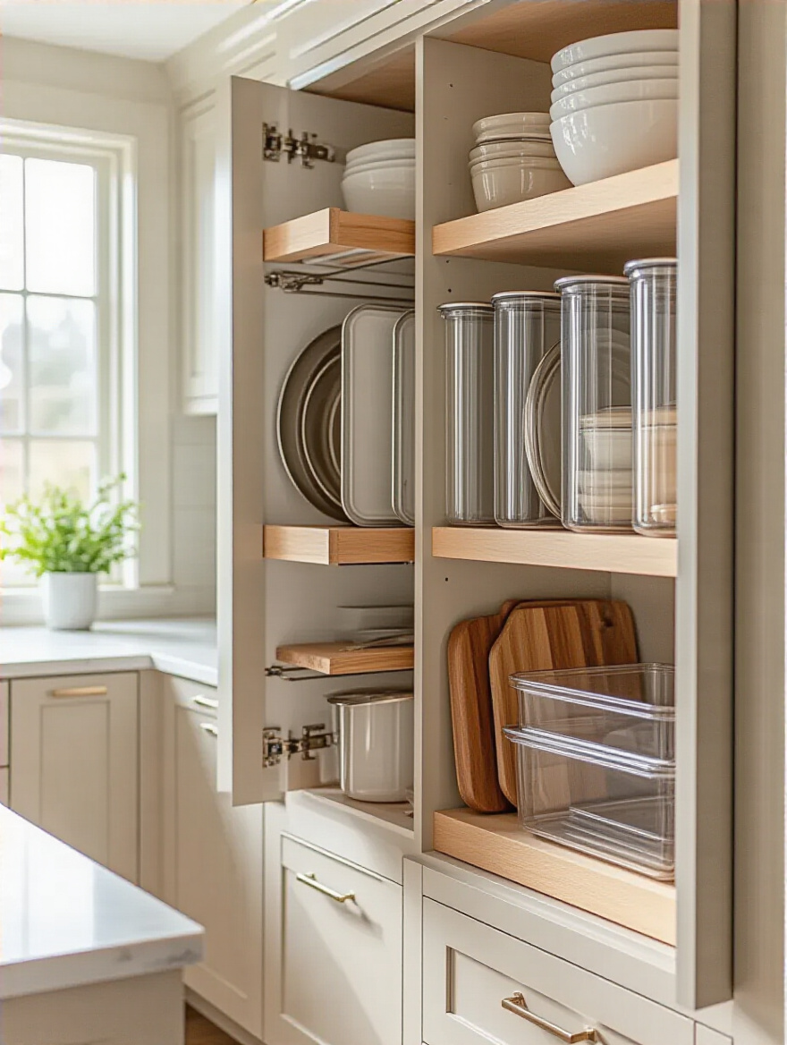 Tall kitchen cabinet with vertical adjustable dividers organizing bakeware upright