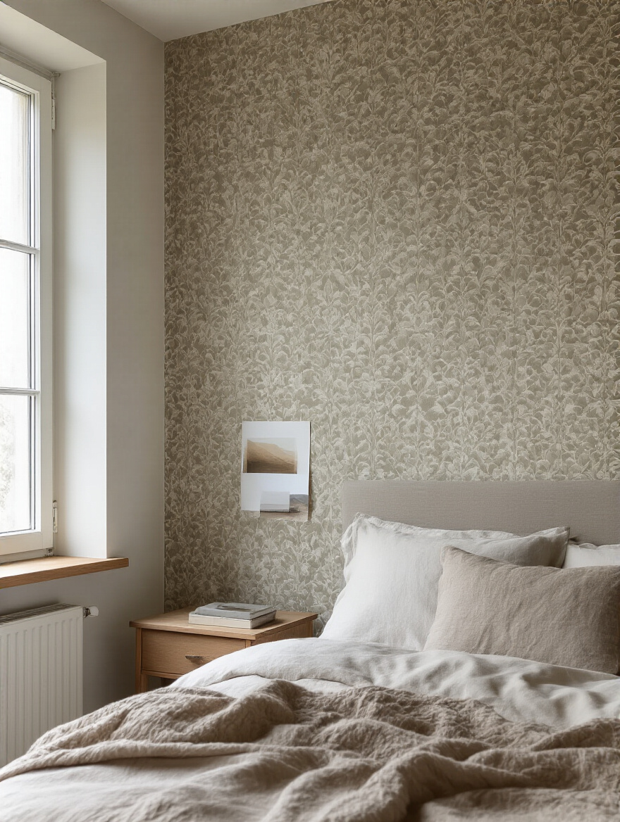 Portrait of an accent wall with a wallpaper sample taped at eye level in a bedroom, showing true color and texture under mixed lighting.