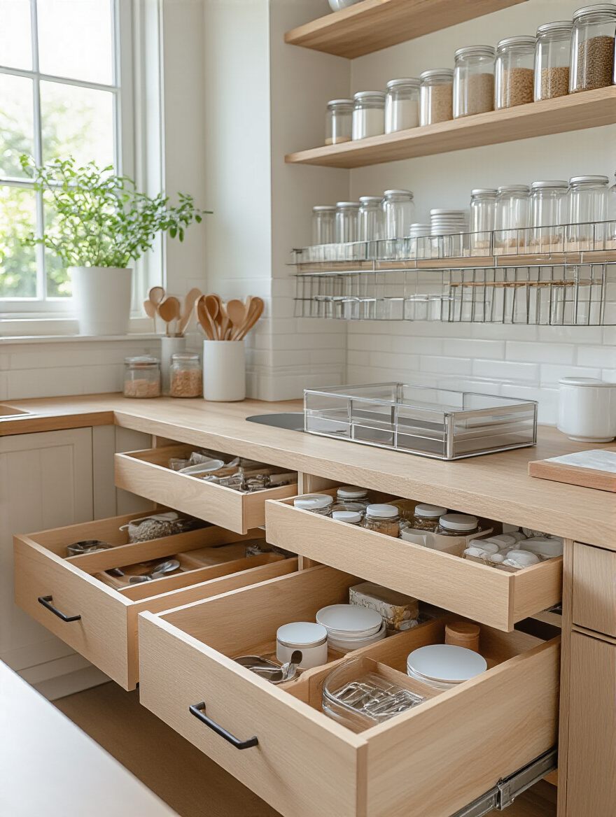 Vertical view of an organized kitchen drawers and pantry with clear containers and dividers