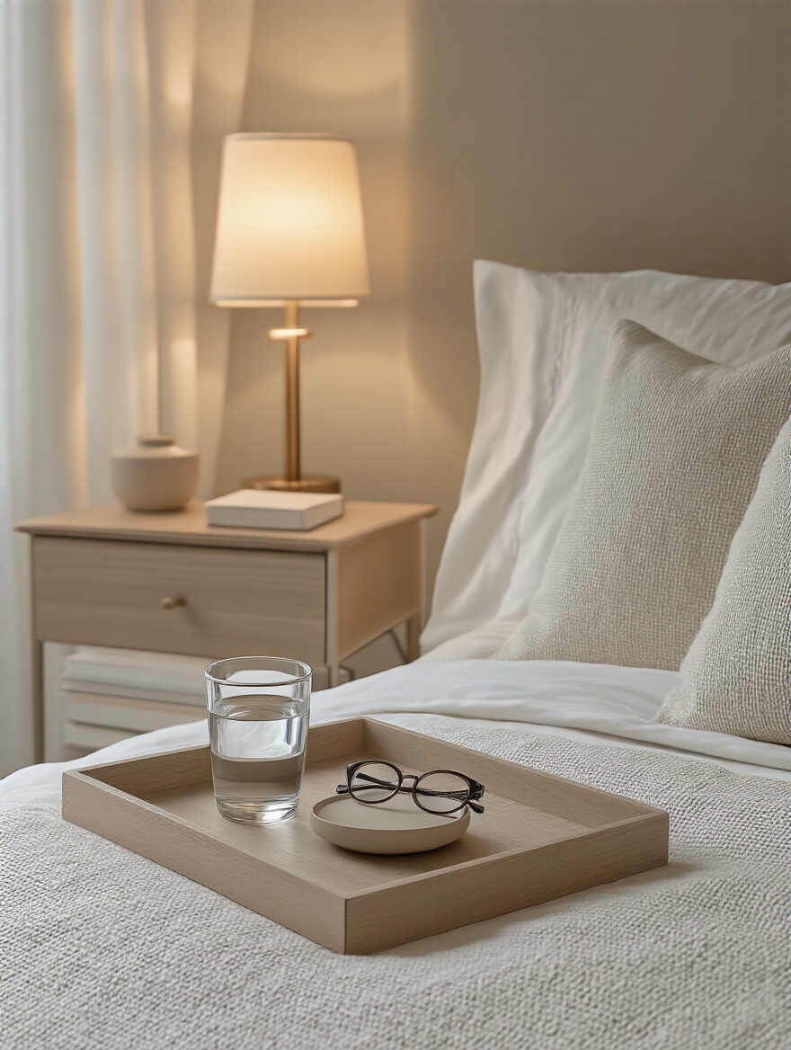Portrait-style image of a tidy bedside table with a glass of water, sleep mask, glasses, and books on a clean tray