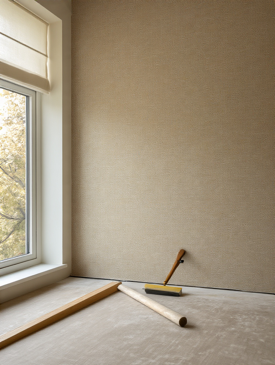 Bubble-free wallpaper installation on a bedroom accent wall (portrait).