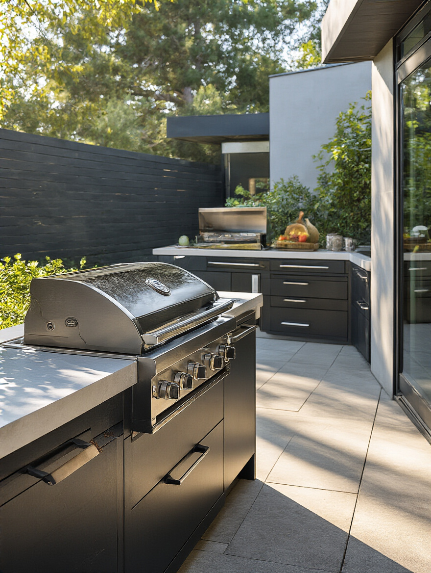 A modern outdoor kitchen with newly upgraded stainless steel appliances, smart grill, and sleek cabinetry, reflecting the value of periodic outdoor kitchen modernization and component upgrades.