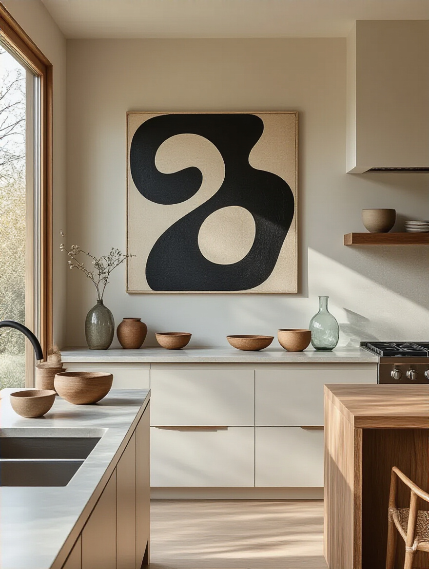 Modern kitchen with a large abstract bespoke art piece and curated artisanal ceramic accessories on a light counter, reflecting personalized interior design.