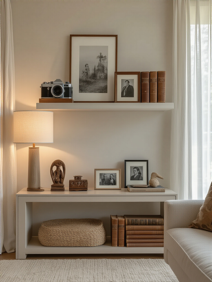 Living room with elegantly displayed cherished mementos and keepsakes, including vintage camera, travel sculpture, framed family photos, and antique books, showcasing personalized decor.