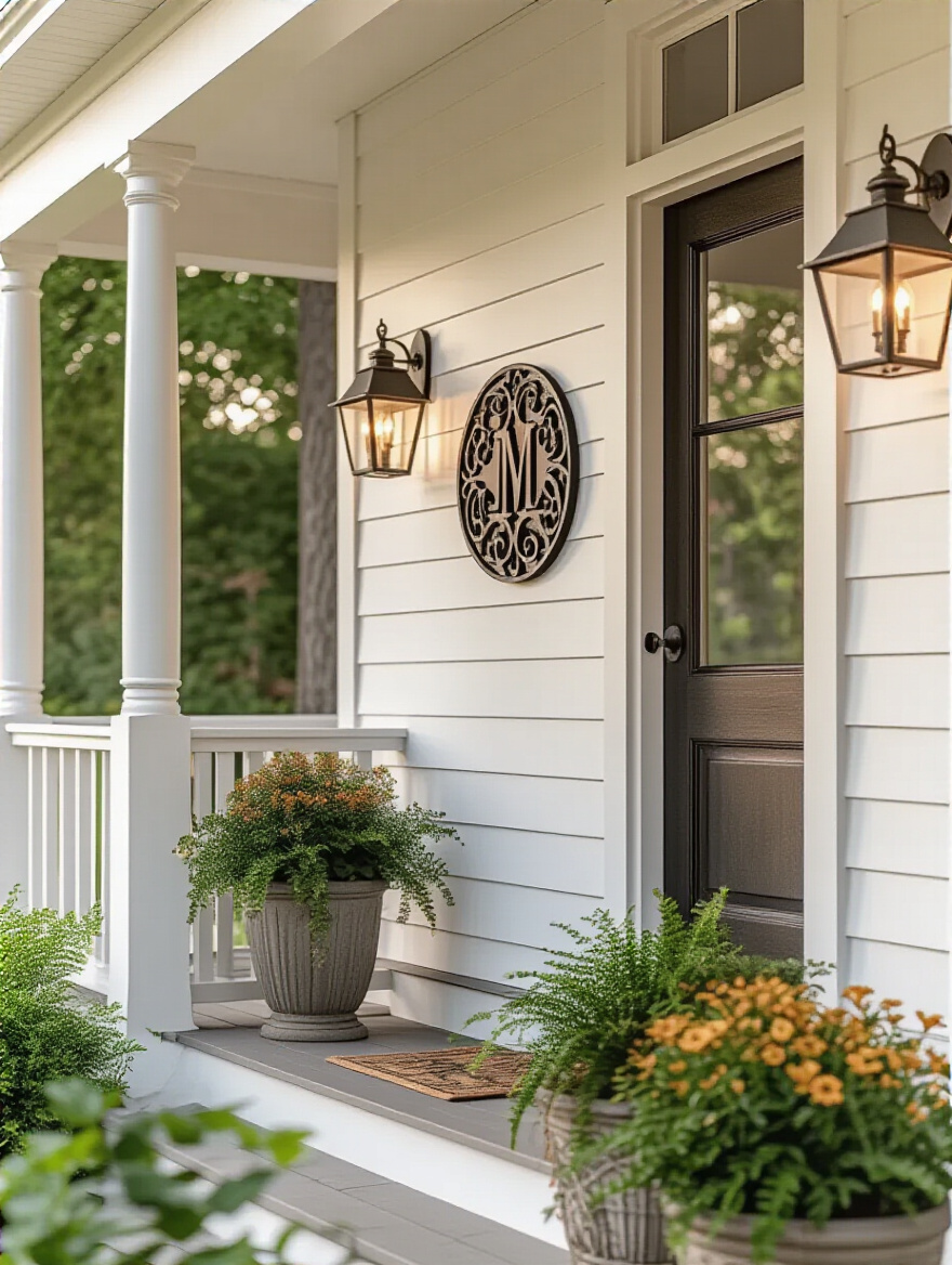 Portrait view of a front porch with a decorative monogram sign near the entry