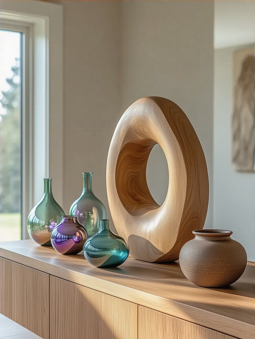 Modern dining room credenza featuring an arrangement of a large organic wood sculpture, hand-blown glass, and ceramic pottery, illuminated by soft lighting, demonstrating personalization with curated decorative objects.