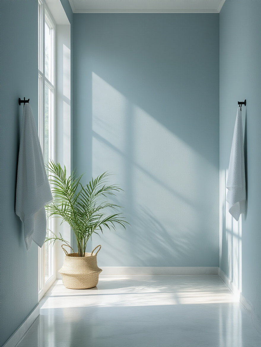 Modern bathroom with pale blue or soft gray walls, showcasing a fresh paint color palette that creates a spacious and serene mood. Clean lines, white fixtures, and soft natural light. No people.