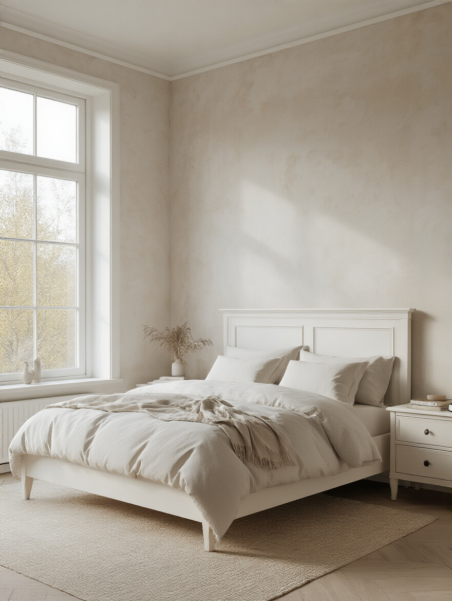 A serene bedroom featuring a white bed and nightstands, with walls subtly painted in different white undertones to showcase how varying shades of white furniture can harmonize with wall colors and set a peaceful mood.