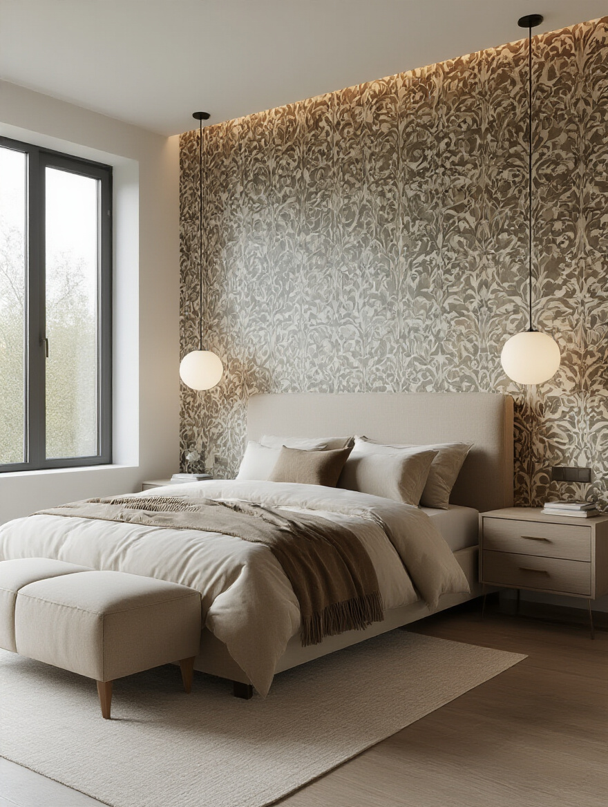 Accent wall behind bed with wallpaper in a modern bedroom