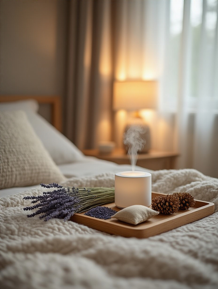 Aromatics arranged on a bedside table in a cozy bedroom