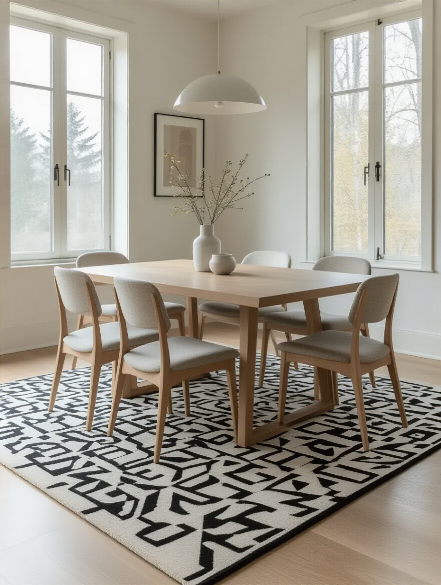 Modern dining room featuring a black and white geometric area rug under a light wood dining table and minimalist chairs, illuminated by natural light.