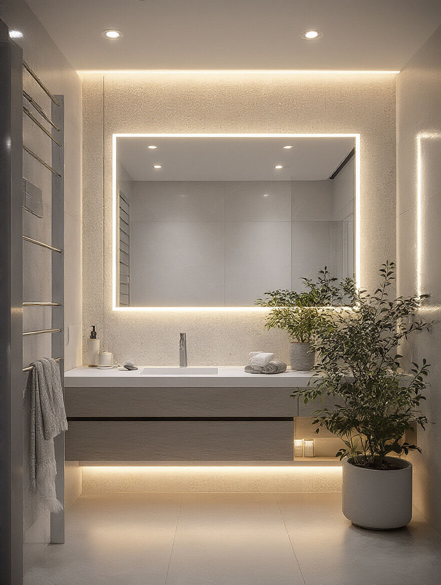 Modern bathroom showing layered lighting: ambient, task, and accent layers
