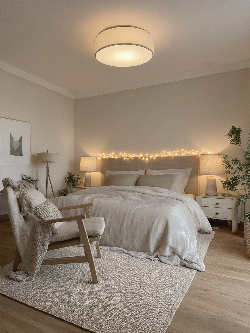 Portrait view of a cozy bedroom with layered lighting, showing ambient ceiling light, bedside lamps, floor lamp, and fairy lights.