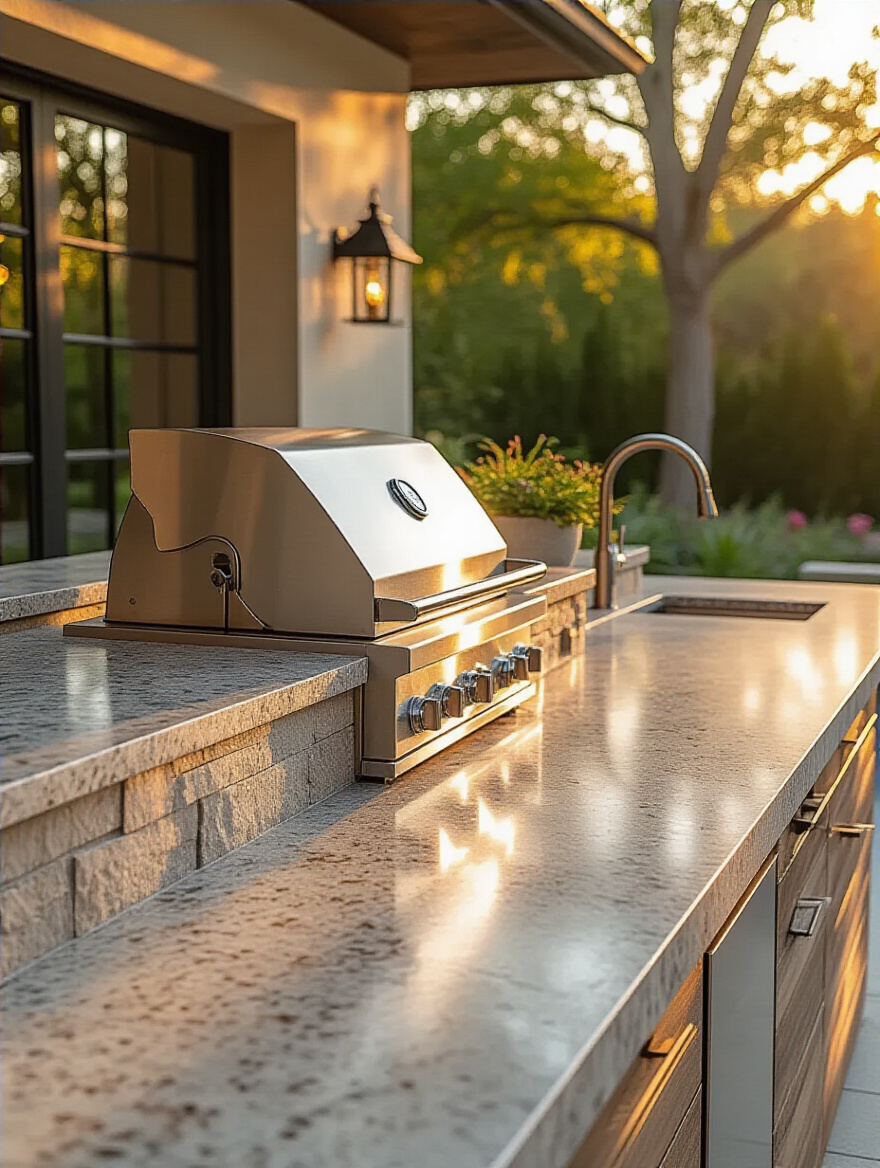 Spacious outdoor kitchen with durable light-colored granite countertops, showing ample prep areas around a grill and sink, illuminated by golden hour light with lush backyard greenery.