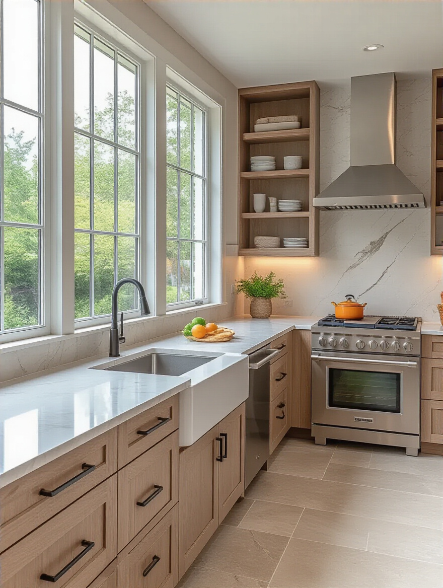 Portrait of a modern kitchen with seamless easy-clean surfaces like quartz countertops and glass backsplash