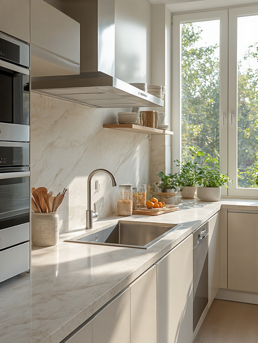 Modern kitchen featuring easy-to-clean quartz countertops, a seamless porcelain slab backsplash, and integrated stainless steel appliances, emphasizing low-maintenance design for long-term preservation of design investment.