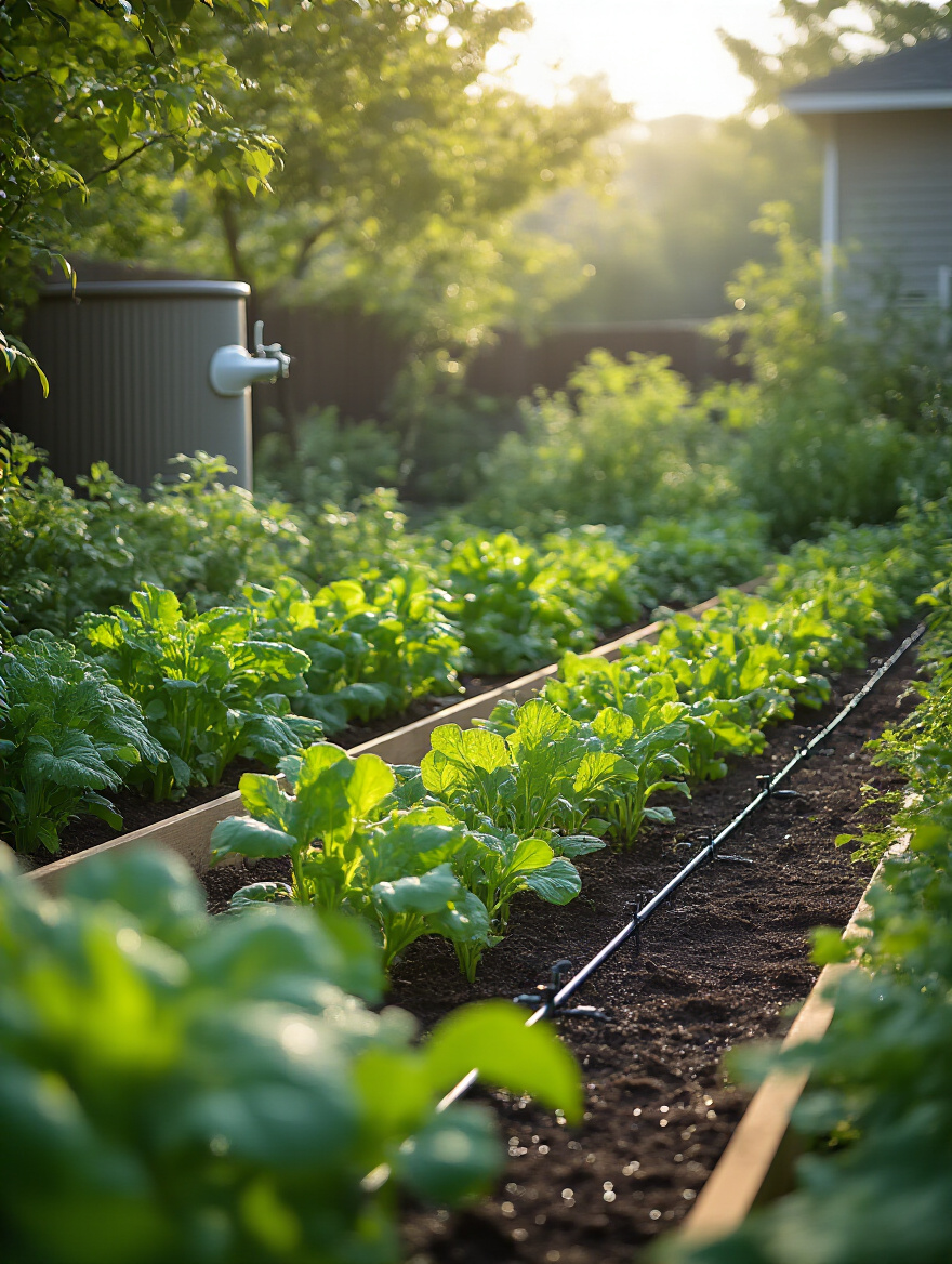 A vibrant backyard vegetable garden showcasing an efficient drip irrigation system with discreetly placed lines, an accessible outdoor spigot, and a modern rain barrel for sustainable water collection. The garden is lush and well-hydrated under soft morning light.