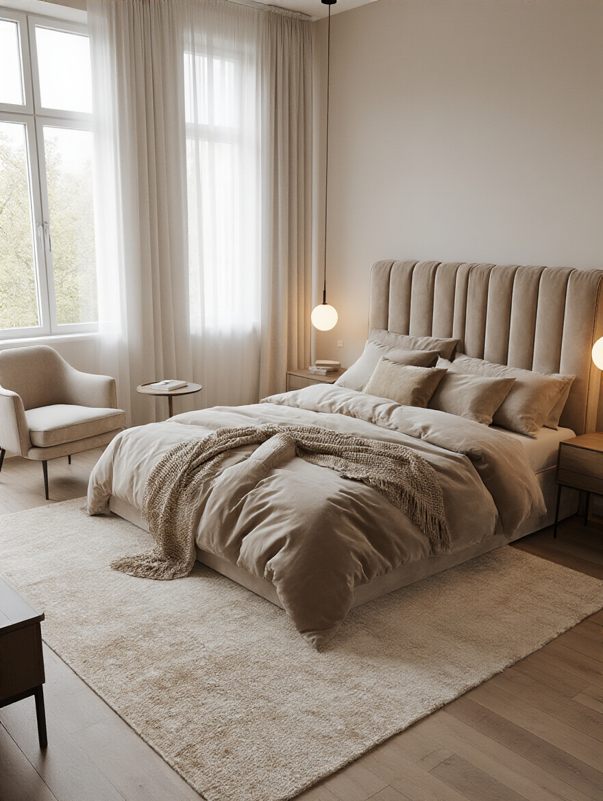 Intimate bedroom with thoughtfully arranged seating and warm lighting