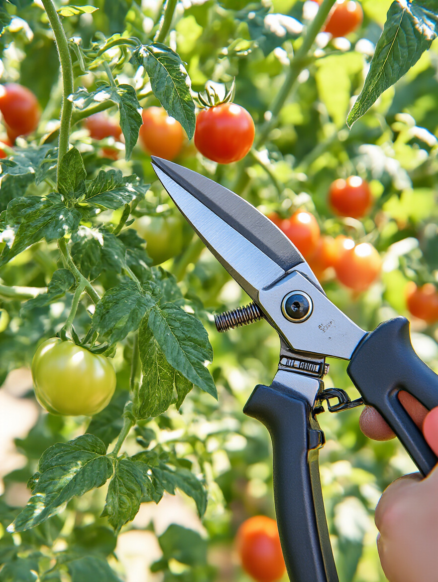 A detailed close-up of professional pruning shears poised on a tomato plant stem, illustrating the precise cutting technique for stimulating plant health, vigor, and encouraging abundant fruit development in a flourishing backyard garden.