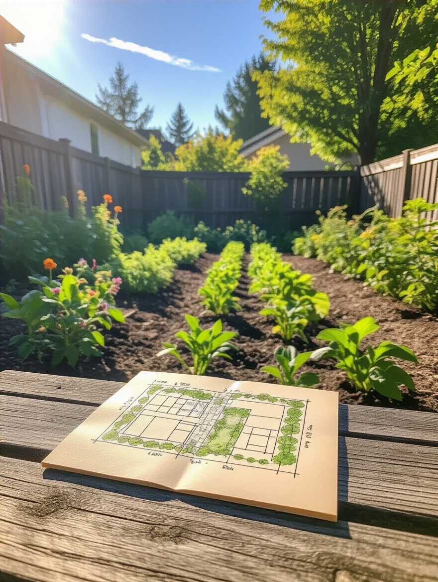A visually rich portrait image showcasing a backyard garden with clear sun and shade distinctions, featuring a detailed, hand-drawn map indicating precise sunlight exposure zones, surrounded by flourishing plants.