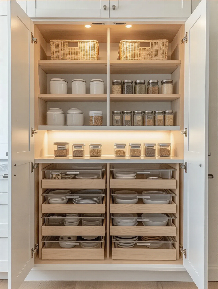 Organized kitchen cabinet interior with pull-out shelves and bins