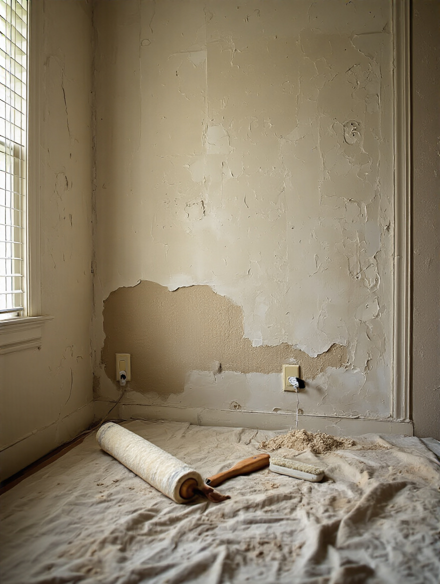Portrait of a meticulously prepped bedroom wall with patches and primer ready for wallpaper adhesion