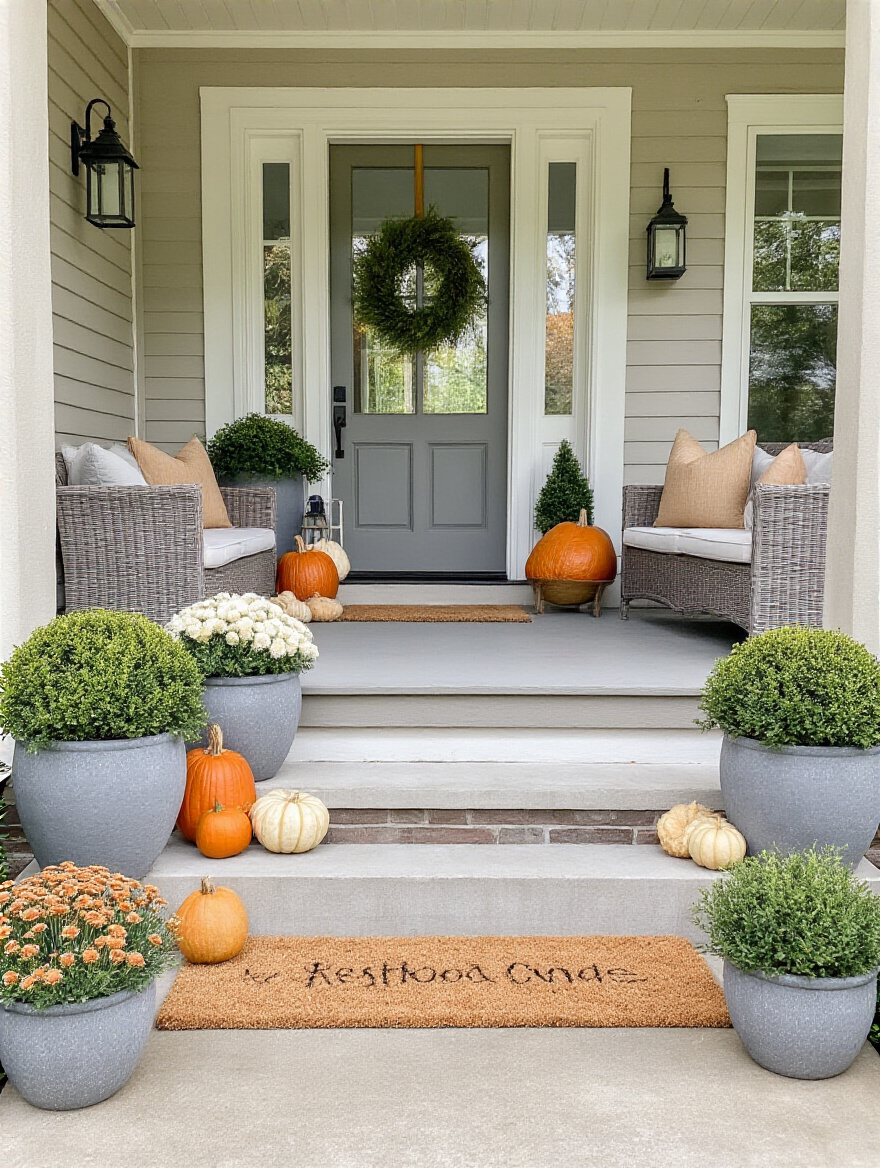 Front porch with neutral base decor and seasonal accents ready for transitions