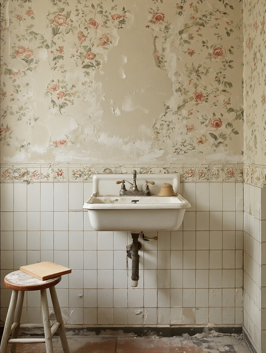 Patched and primed vintage bathroom wall ready for wallpaper